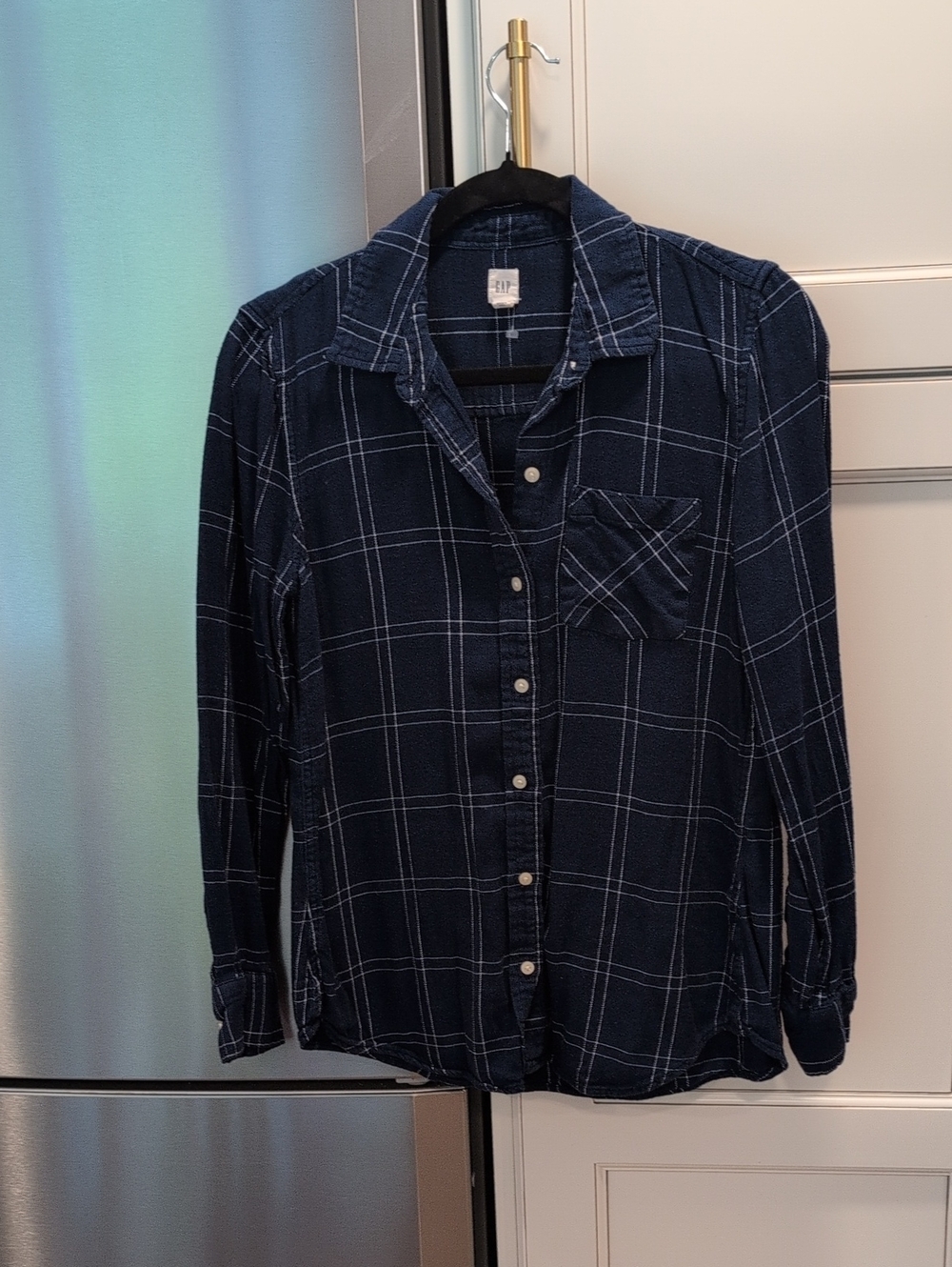 Gap Women's Size Small Navy Blue Plaid Button-Up Shirt